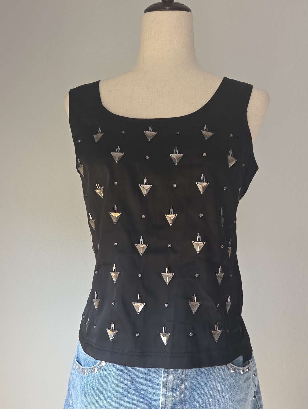 Forever 21 Black Sleeveless Top with Silver Triangle Pyramids And Rhinestones S